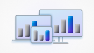 Grafik konseptual untuk layar dan tampilan komputer, diperlihatkan sebagai tablet, laptop, dan monitor yang semuanya menampilkan bagan batang sederhana.