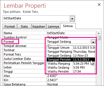 Gambar Lembar Properti dengan daftar turun bawah Format ditampilkan.