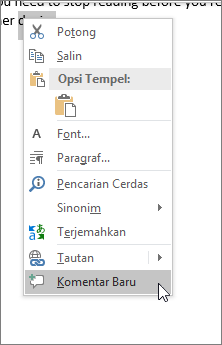 Pilih Komentar Baru pada menu konteks