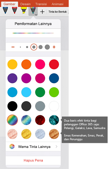 Warna dan efek tinta untuk menggambar dengan tinta di Office di iOS