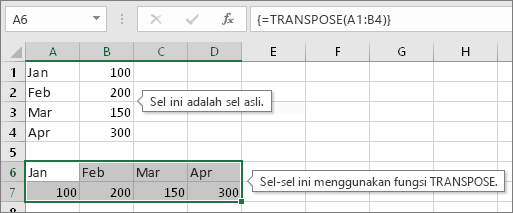 Sel asli di atas, sel dengan fungsi TRANSPOSE di bawah ini