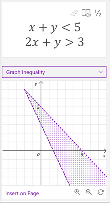 cuplikan layar asisten matematika yang dihasilkan grafik persamaan x plus y kurang dari 5, 2x plus y lebih besar dari 3, kedua garis diplot dan area di antaranya berbayang