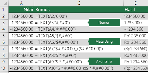 Contoh fungsi TEKS dengan format Angka, Mata Uang, dan Akuntansi