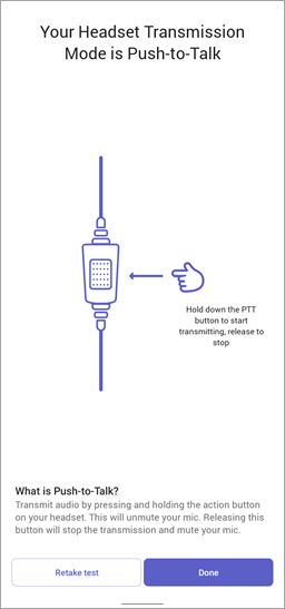 Cuplikan layar mode transmisi headset diatur ke Dorong Ke Bicara di Walkie Talkie.