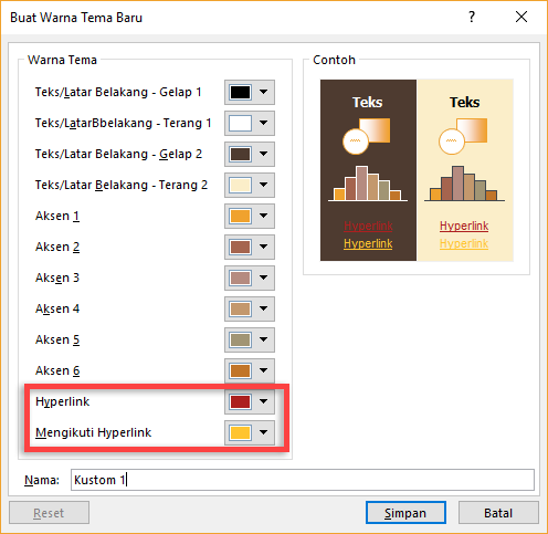 Memilih warna untuk hyperlink dan hyperlink yang diikuti