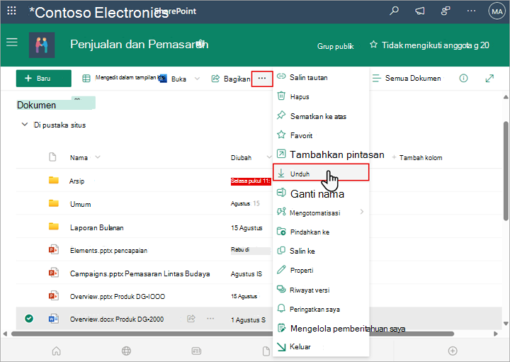 Gunakan perintah Unduh SharePoint untuk mengunduh dan menyimpan salinan lokal file atau folder.