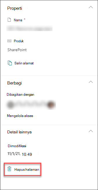 Cuplikan layar opsi hapus halaman di panel detail halaman