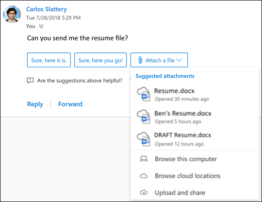 Melampirkan file yang disarankan di Outlook.