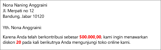 Dokumen gabungan surat bertuliskan "kontribusi Anda sebesar 50,00" dan "menawarkan Anda diskon 20."