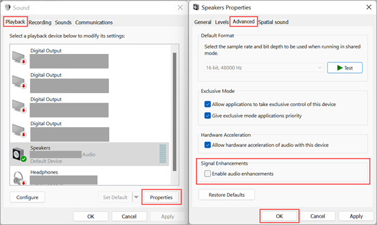 Nonaktifkan penyempurnaan audio di Pengaturan Suara Windows 11.