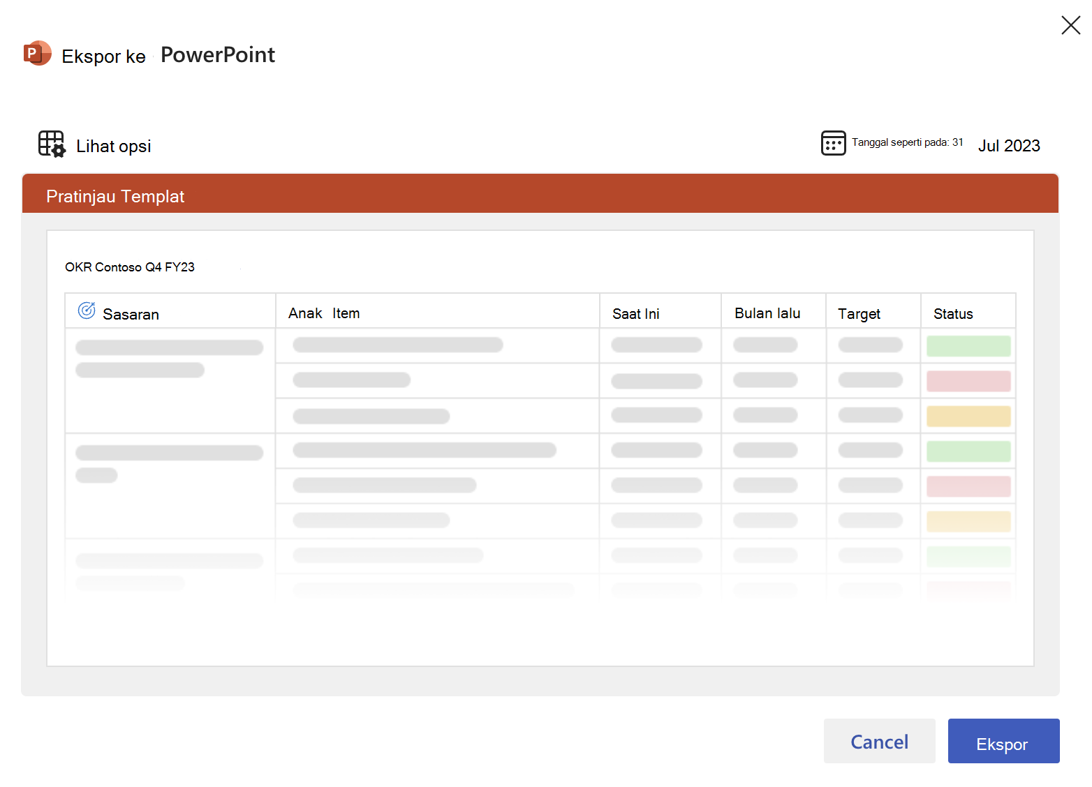 Cuplikan layar overlay ekspor Powerpoint untuk memilih templat.