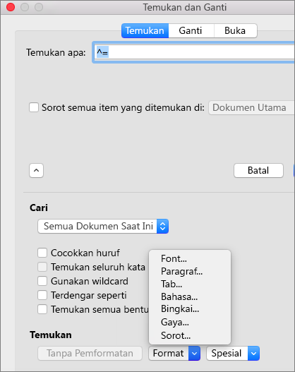 Memperlihatkan opsi Format