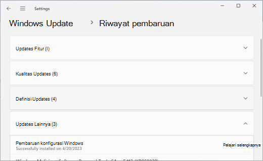 Memperlihatkan halaman Riwayat Pembaruan, dengan bagian Updates Lainnya diperluas.