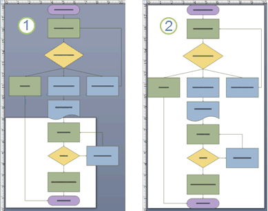 Bagan alur yang terlalu besar untuk halaman gambar Visio di samping bagan alur yang pas dengan halaman gambar Visio