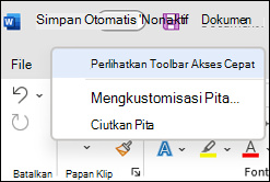 Gambar opsi untuk memperlihatkan Bilah Alat Akses Cepat