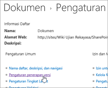 Dialog pengaturan Pustaka dengan Versioning dipilih.