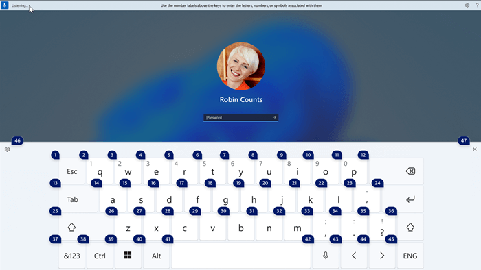 Keyboard sentuh dengan label angka di dalamnya, untuk menggunakan akses suara untuk memasukkan kata sandi.