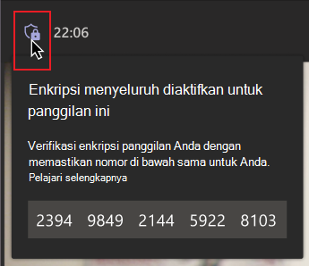 Mouse mengarahkan di atas ikon perisai enkripsi. Pesan dengan sekelompok nomor menunjukkan memberi tahu orang tersebut untuk memverifikasi bahwa nomor tersebut cocok dengan orang lain dalam panggilan untuk memastikan mereka berada dalam panggilan terenkripsi menyeluruh.