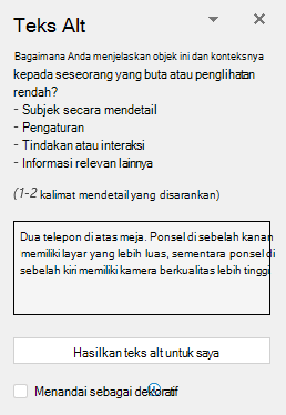 Panel teks alt memperlihatkan contoh teks alt yang bagus.