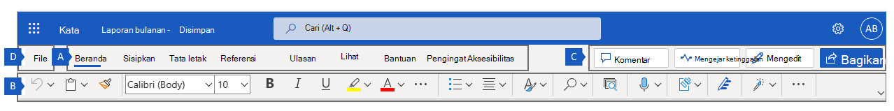 Pita di Word untuk web, memperlihatkan empat kawasan utama pita.