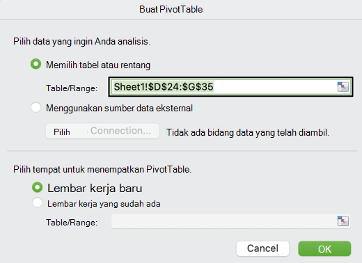 Kotak dialog Create PivotTable di Mac.