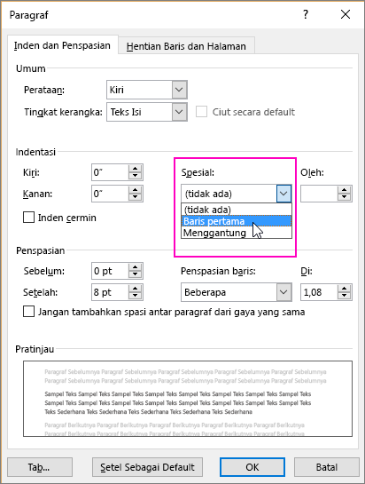 Opsi Inden Baris Pertama akan disorot dalam kotak dialog Paragraf