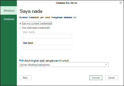 Power Query SQL Server kredensial masuk koneksi