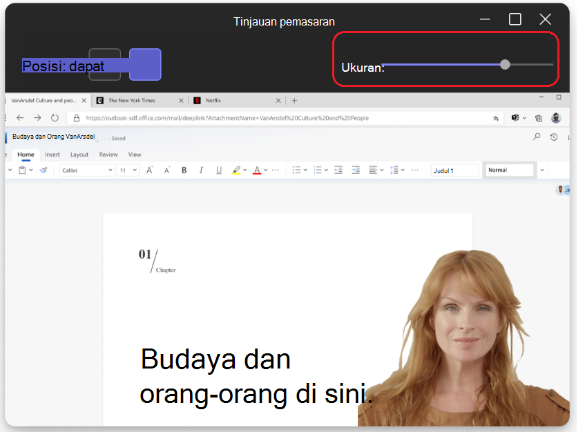 Gambar memperlihatkan slider ukuran di bagian atas halaman dalam mode penyaji.