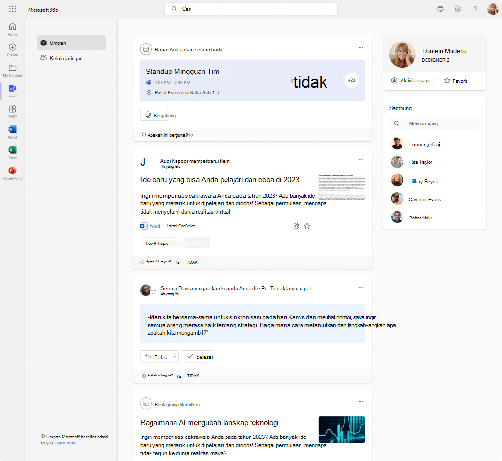 Ilustrasi tentang tampilan Microsoft Feed di Microsoft 365