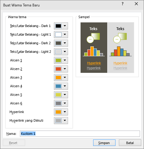 memperlihatkan dialog warna tema kustom di PowerPoint