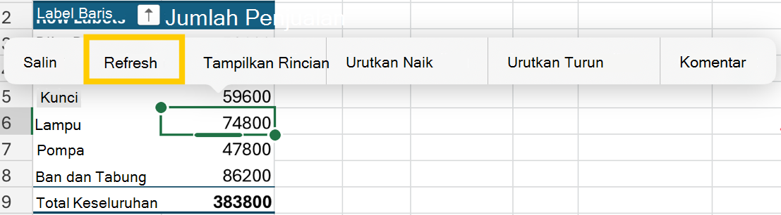 Refresh PivotTable dari menu konteks di iPad.