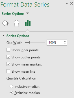 Panel tugas Format Seri Data memperlihatkan opsi bagan Kotak dan Cambang di Office 2016 untuk Windows