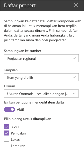 Panel komponen web properti daftar