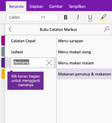 Cuplikan layar bagian yang diganti namanya di OneNote