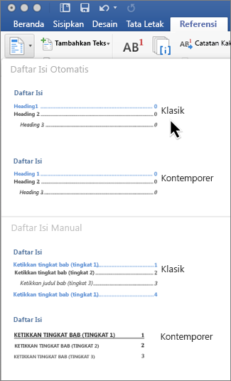 Pada tab Referensi, klik Daftar Isi, lalu pilih gaya Daftar Isi Otomatis dari galeri