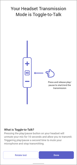 Cuplikan layar mode transmisi headset diatur ke Toggle-to-Talk di Walkie Talkie.