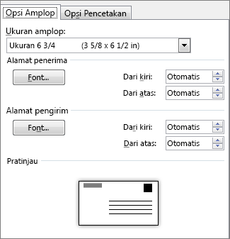 Tab opsi amplop untuk pengaturan ukuran amplop dan font alamat