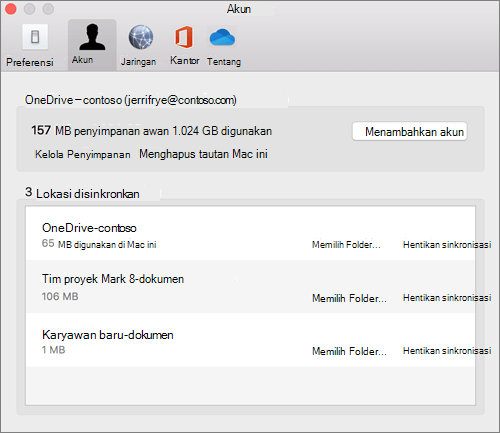 Cuplikan layar tab Akun di klien sinkronisasi OneDrive untuk Mac