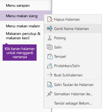 Cuplikan layar halaman yang diganti namanya di OneNote