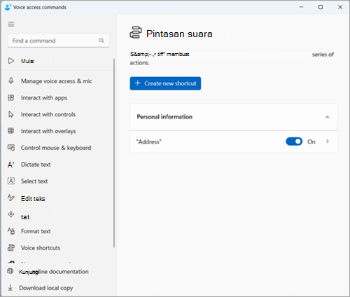 Halaman pintasan suara memperlihatkan grup yang dikustomisasi untuk pintasan Anda. Pintasan "Alamat" ditumpuk di bawah grup "Informasi pribadi".