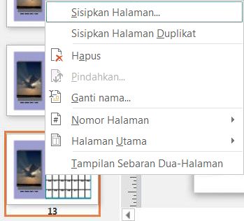 Untuk menyisipkan halaman, klik kanan di halaman dalam panel Page Navigation.