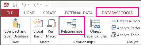 Tombol Hubungan pada tab Alat Database