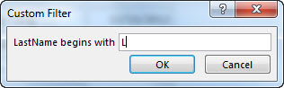 Kotak dialog Filter Kustom dengan huruf "L" dimasukkan.