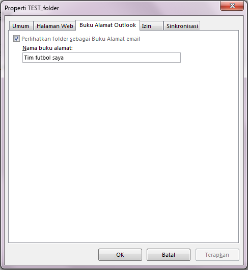 Pastikan bahwa kotak centang Anda telah memilih "Tampilkan folder ini sebagai Buku Alamat email".