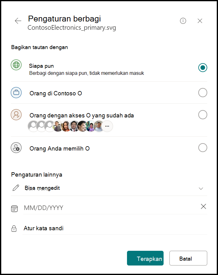 Cuplikan layar jendela kelola akses tautan, memperlihatkan apakah akan berbagi tautan dengan: siapa saja, orang-orang di organisasi Anda, orang-orang dengan akses yang sudah ada, atau orang-orang yang Anda pilih. Juga memperlihatkan pengaturan lainnya, termasuk daftar menurun dari: dapat mengedit, dapat menampilkan, tanggal kedaluwarsa, dan mengatur kata sandi.