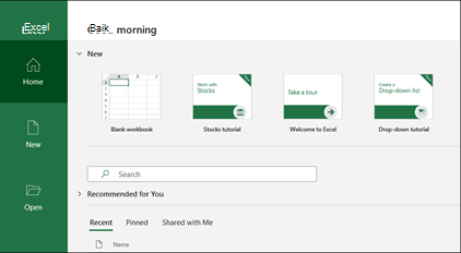 Layar Selamat Datang di Excel menu File