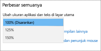 Halaman pengaturan Tampilan Windows di bawah Pengaturan Kemudahan Akses memperlihatkan Opsi memperbesar semuanya dengan menu turun bawah diperluas.