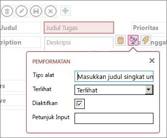 Tampilan dalam mode Edit, memperlihatkan pengaturan Pemformatan untuk kotak teks.