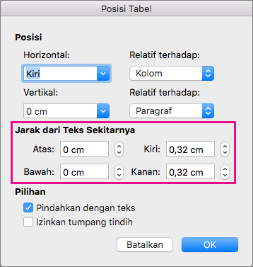 Mengatur spasi di antara tabel yang dipilih dan teks isi di bawah Jarak dari teks sekitarnya.