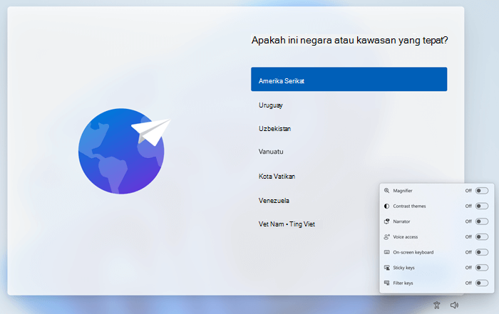 Layar OOBE dengan flyout Aksesibilitas. Pengguna dapat menggunakan Flyout Aksesibilitas untuk meluncurkan Akses Suara.
